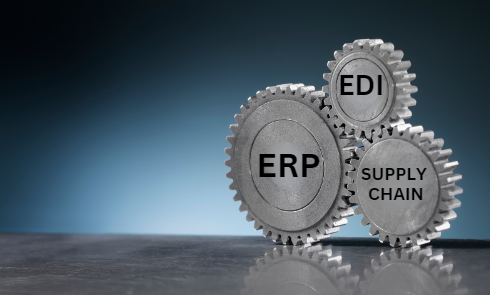 Three interlocking metal gears labeled "ERP", "supply chain", and "EDI" representing interconnected business processes.